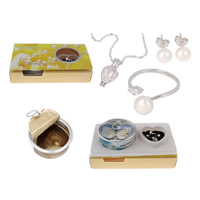 Oyster & Wish Pearl Kit, Natürliche kultivierte Süßwasserperlen, Anhänger & Fingerring & Ohrring & Halskette, mit Muschel & Zinklegierung, Platinfarbe platiniert, 20-30cm, Größe:5-8, Länge:ca. 18 ZollInch, verkauft von setzen