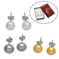 Freshwater Pearl Stud Earring, Brass, with paper box & Freshwater Pearl, platinum color plated, mixed colors, nickel, lead & cadmium free, 8-9mm 