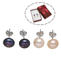 Freshwater Pearl Stud Earring, Brass, with paper box & Freshwater Pearl, platinum color plated, mixed colors, nickel, lead & cadmium free, 8-9mm 