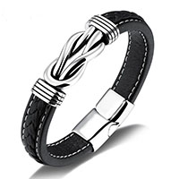 Los hombres de la pulsera y del brazalete, acero inoxidable, con Cuero de vaca, para hombre, Negro, 43mm, 12mm, longitud:aproximado 7.8 Inch, Vendido por Sarta