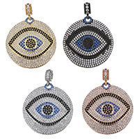 Moda Mal Ojo Pendiente, metal, Redondo aplanado, chapado, patrón de malvado de ojo & micro arcilla de zirconia cúbica, más colores para la opción, 35.5x37x2mm, agujero:aproximado 4mm, Vendido por UD