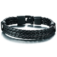 Los hombres de la pulsera y del brazalete, Cuero de vaca, con acero inoxidable, Chapado en vacío negro, para hombre, 14mm, longitud:aproximado 8 Inch, Vendido por Sarta