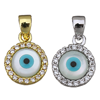 Moda Mal Ojo Pendiente, metal, Redondo aplanado, chapado, patrón de malvado de ojo & micro arcilla de zirconia cúbica & esmalte, más colores para la opción, 9x12x3mm, agujero:aproximado 3x4mm, Vendido por UD