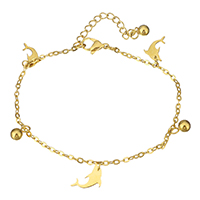 Edelstahl Charm Armband, mit Verlängerungskettchen von 2Inch, Dolphin, goldfarben plattiert, Armband  Bettelarmband & Oval-Kette & für Frau, 9.5x14mm, 5mm, 2mm, Länge:ca. 8 ZollInch, verkauft von Strang