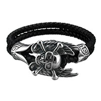 Los hombres de la pulsera y del brazalete, acero inoxidable, con cable de piel de vaca, Calavera, pulsera trenzada & para hombre & 2-sarta & ennegrezca, 32x22mm, 10mm, longitud:aproximado 8 Inch, Vendido por Sarta