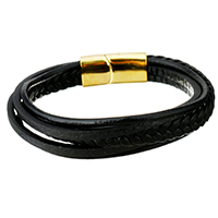 Los hombres de la pulsera y del brazalete, Cuero de vaca, con acero inoxidable, chapado en color dorado, pulsera trenzada & para hombre & 5-aro, negro, 29x14mm, 8mm, 3.5mm, 2.5mm, longitud:aproximado 8.5 Inch, Vendido por Sarta