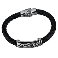 Männer Armband, Edelstahl, mit Rindsleder Schnur, geflochten & mit Brief Muster & für den Menschen & Schwärzen, 40x14mm, 25x14mm, 8.5mm, Länge:ca. 9 ZollInch, verkauft von Strang