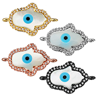 Conector de joyería de mal de ojo, metal, con Nácar Blanca & resina, Hamsa, chapado, patrón de malvado de ojo & micro arcilla de zirconia cúbica & 1/1 aro, más colores para la opción, 22.5x14x3mm, agujero:aproximado 1mm, Vendido por UD