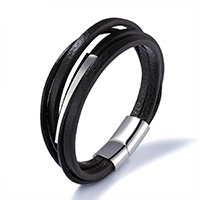 Los hombres de la pulsera y del brazalete, Cuero de vaca, con acero inoxidable, chapado en color de plata, para hombre & multi-hilera, marrón, 180mm, longitud:aproximado 7 Inch, Vendido por Sarta