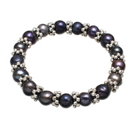 Bracelets de perles En alliage de zinc , perle d'eau douce cultivée, avec fil élastique & alliage de zinc, pomme de terre, pour femme, noire, 8-9mm Environ 7 pouce, Vendu par brin