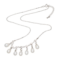 Collier de chaîne en laiton de perles d'eau douce, perle d'eau douce cultivée, avec laiton, avec 6.5cm chaînes de rallonge, pour femme & avec strass, blanc, 6-7mm Environ 16.5 pouce, Vendu par brin