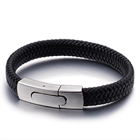 Bracelet en cuir artificiel, acier inoxydable fermoir pression, pour homme, noire, 12mm, 13mm Environ 8 pouce, Vendu par brin