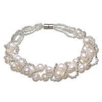 Pulseras de la perla de cuentas de semilla, Perlas cultivadas de agua dulce, con Rocallas de vidrio, latón cierre magnético, Patata, natural, para mujer, Blanco, 4-5mm, longitud:aproximado 7.5 Inch, Vendido por Sarta