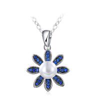 Newegg® Schmuck Halskette, Messing, mit Muschelkern, mit Verlängerungskettchen von 1.9lnch, Blume, platiniert, Oval-Kette & Micro pave Zirkonia & für Frau, 8mm, 28mm, Länge:ca. 16.5 ZollInch, verkauft von Strang