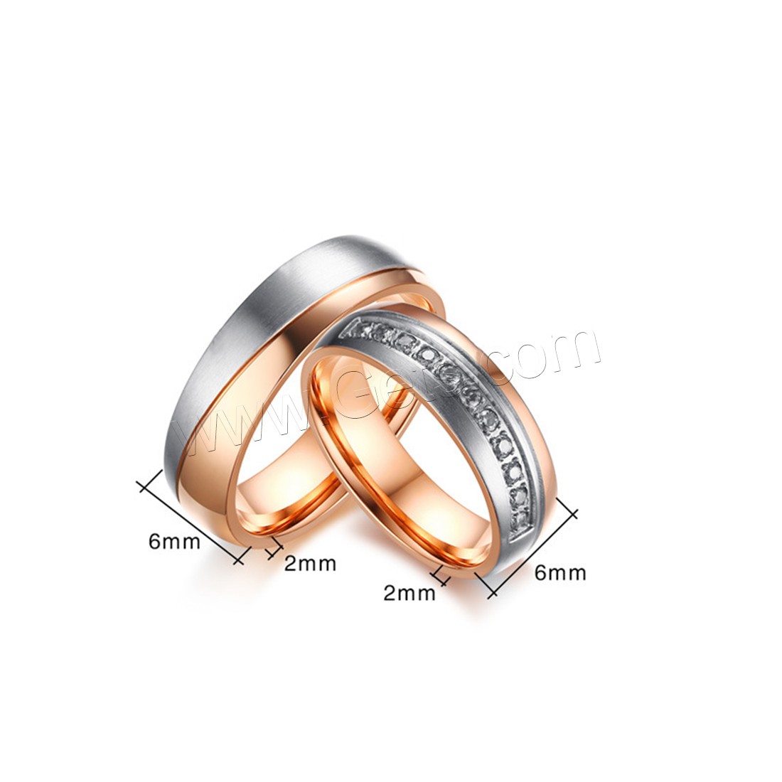 Bague en acier inoxydable Incrusté de zircon, Plaqué de couleur d'or rose, styles différents pour le choix & pavé de micro zircon, 6x2mm, Vendu par PC