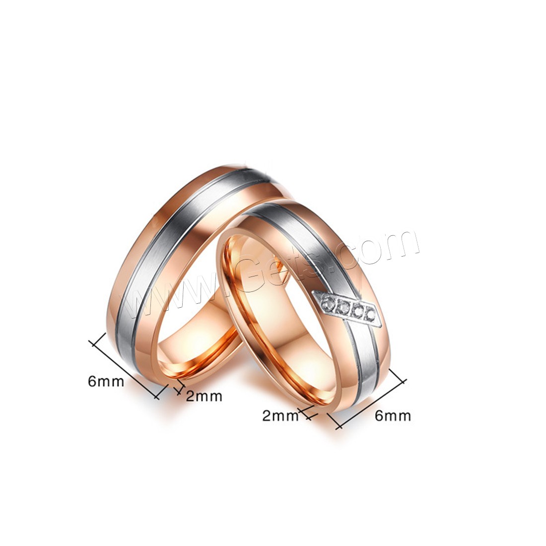 Cubic Zirconia anillo de dedo de acero inoxidable, chapado en color rosa dorada, diferentes estilos para la opción & micro arcilla de zirconia cúbica, 6x2mm, Vendido por UD