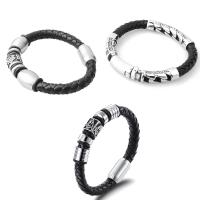 Titanium Steel Bracelet & Bangle, with leather cord, Unisex & blacken, black Approx 8 Inch 