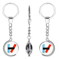 Fashion Time Gem Keychain Key Ring, Zinc Alloy, with iron ring & Glass, Flat Round, platinum color plated, rotatable & time gem jewelry & Unisex & double-sided & decal, lead & cadmium free 