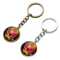 Fashion Time Gem Keychain Key Ring, Zinc Alloy, with iron ring & Glass, Flat Round, plated, time gem jewelry & with skull pattern & Unisex & decal lead & cadmium free, 28mm 