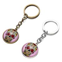 Fashion Time Gem Keychain Key Ring, Zinc Alloy, with iron ring & Glass, Flat Round, plated, time gem jewelry & with skull pattern & Unisex & decal lead & cadmium free, 28mm 