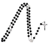 Collar de Rosario, Perlas de vidrio, con aleación de zinc, Cruces, chapado en color de plata antigua, Joya cristiana & para hombre, libre de níquel, plomo & cadmio, 8mm, longitud:aproximado 27.6 Inch, Vendido por Sarta