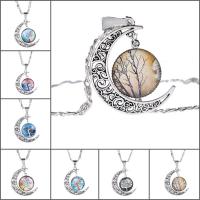 alliage de zinc collier, avec chaîne de fer & verre, avec 5cm chaînes de rallonge, lune, Plaqué de couleur d'argent, arbre de la conception de la vie & temps bijou bijoux & unisexe & chaîne de Valentino & modèles différents pour le choix & décalque, sans plomb et cadmium, 25mm Environ 17.5 pouce, Vendu par brin