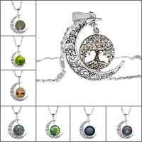 alliage de zinc collier, avec chaîne de fer & verre, avec 5cm chaînes de rallonge, lune, Plaqué de couleur d'argent, arbre de la conception de la vie & temps bijou bijoux & unisexe & chaîne de Valentino & modèles différents pour le choix & décalque, sans plomb et cadmium, 25mm Environ 17.5 pouce, Vendu par brin