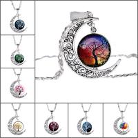 alliage de zinc collier, avec chaîne de fer & verre, avec 5cm chaînes de rallonge, lune, Plaqué de couleur d'argent, arbre de la conception de la vie & temps bijou bijoux & unisexe & chaîne de Valentino & modèles différents pour le choix & décalque, sans plomb et cadmium, 25mm Environ 17.5 pouce, Vendu par brin