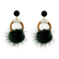 Cupronickel Drop Earring, with Plush & PU Leather & Wood & Zinc Alloy, sterling silver post pin, gold color plated, for woman, green 