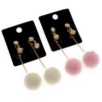 Cupronickel Drop Earring, with Plush & plastic earnut & Cubic Zirconia, sterling silver post pin, gold color plated, for woman 