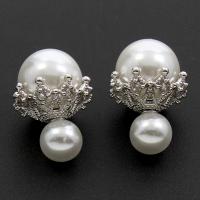 Cupronickel Double Faced Stud Earring, with ABS Plastic Pearl & Cubic Zirconia, sterling silver post pin, silver color plated, for woman 