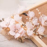 Zinc Alloy Hair Jewelry Flower, with ABS Plastic Pearl & Satin Ribbon, gold color plated, for bridal, lead & cadmium free 