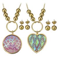 Parures de bijoux résine, acier inoxydable, boucle d'oreille & collier, avec résine, Placage de couleur d'or, chaîne ovale & styles différents pour le choix & pour femme Environ 17 pouce, Vendu par fixé