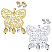 Rhinestone stainless steel Jewelry Set, pendant & earring, with Crystal, Butterfly, plated, for woman & faceted & with rhinestone & hollow 8mm Approx 