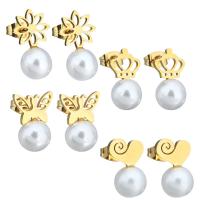 Freshwater Pearl Stud Earring, Stainless Steel, with Glass Pearl, gold color plated & for woman 