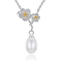 Collier de chaîne en laiton de perles d'eau douce, avec perle d'eau douce cultivée, avec 5cm chaînes de rallonge, fleur, Placage de couleur argentée, chaîne ovale & pour femme, protéger l'environnement, sans nickel, plomb et cadmium Environ 15.5 pouce, Vendu par brin