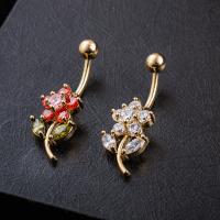 brass piercing barbell, metal, con acero inoxidable, Flor, chapado en oro real, con circonia cúbica & facetas, más colores para la opción, libre de níquel, plomo & cadmio, 12x35mm, Vendido por UD