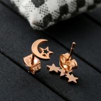 Stainless Steel Stud Earring, Moon and Star, real rose gold plated, for woman, 8mm, 12mm 