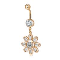 Brass Piercing Barbell, with Stainless Steel, Flower, real gold plated, with cubic zirconia & faceted, nickel, lead & cadmium free 