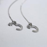 Sterling Silver Thread Through Earrings, 925 Sterling Silver, Moon and Star, platinum plated, for woman & with rhinestone 65mm 