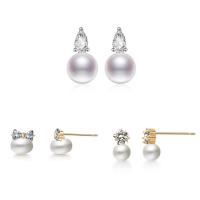 Sterling Silver Natural Pearl Stud Earring, 925 Sterling Silver, with Freshwater Pearl, stainless steel post pin, silver color plated & for woman & with cubic zirconia 