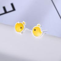 Sterling Silver Stud Earring, 925 Sterling Silver, stainless steel post pin, Chicken, silver color plated, for woman & enamel, 6mm 