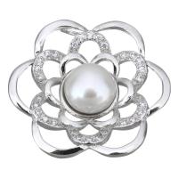 Cultured Pearl Sterling Silver Pendants, 925 Sterling Silver, with Freshwater Pearl, Flower, micro pave cubic zirconia Approx 