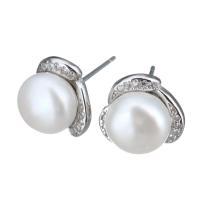 Sterling Silver Natural Pearl Stud Earring, 925 Sterling Silver, with Freshwater Pearl, Flower, without stopper & micro pave cubic zirconia & for woman 0.5mm 