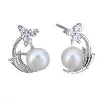 Sterling Silver Natural Pearl Stud Earring, 925 Sterling Silver, with Freshwater Pearl, without stopper & micro pave cubic zirconia & for woman 0.5mm 