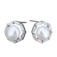 Sterling Silver Natural Pearl Stud Earring, 925 Sterling Silver, with Freshwater Pearl, without stopper & for woman & with cubic zirconia 0.5mm 