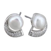 Sterling Silver Natural Pearl Stud Earring, 925 Sterling Silver, with Freshwater Pearl, without stopper & micro pave cubic zirconia & for woman 0.5mm 