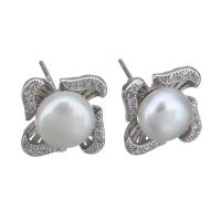 Sterling Silver Natural Pearl Stud Earring, 925 Sterling Silver, with Freshwater Pearl, Flower, without stopper & micro pave cubic zirconia & for woman 0.5mm 