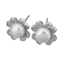 Sterling Silver Natural Pearl Stud Earring, 925 Sterling Silver, with Freshwater Pearl, Flower, without stopper & micro pave cubic zirconia & for woman 0.5mm 