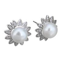 Sterling Silver Natural Pearl Stud Earring, 925 Sterling Silver, with Freshwater Pearl, Flower, without stopper & micro pave cubic zirconia & for woman 0.5mm 